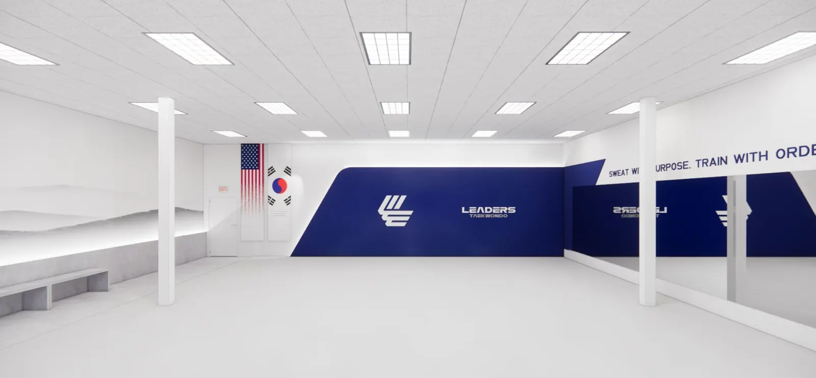 A rendering of the new Leaders Taekwondo Cross Creek training floor with the Leaders Taekwondo wall and the flags